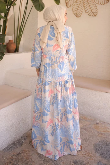 Bebe Mavi Yarım Düğmeli Desenli Elbise