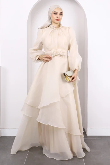 Bej Balon Kol Katlı Abiye