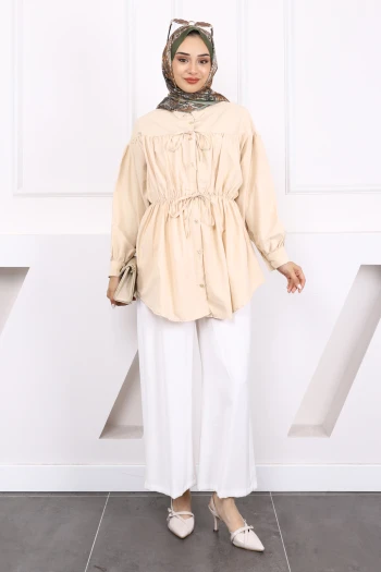 Bej Bel Lastikli Düğmeli Tunik