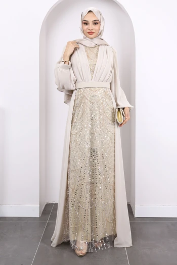 Bej Boncuklu Şifon Abiye