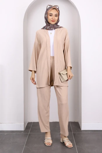 Bej Bürümcük Kimono Pantolon Takım