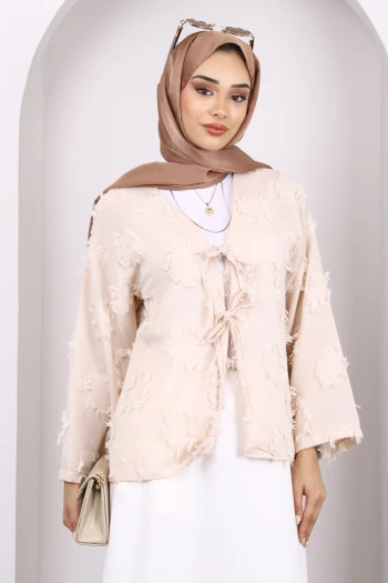 Bej Ön Bağlamalı Püsküllü Kimono