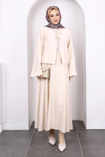 Bej Önü Bağlamalı Kimono Etekli Takım