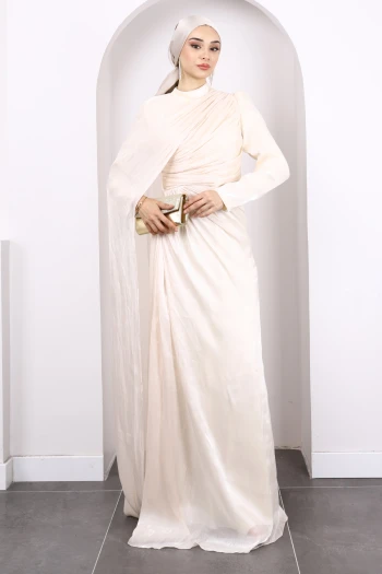 Bej Önü Drapeli Şifon Abiye