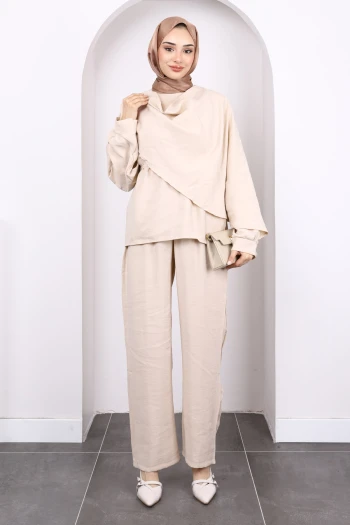 Bej Şal Detaylı Tunik Pantolonlu Takım