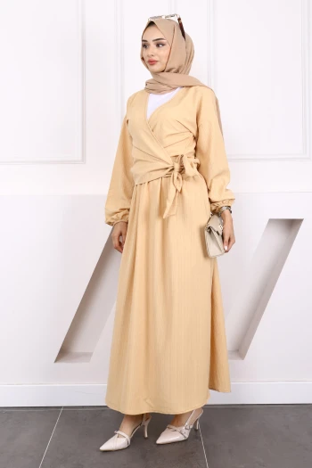 Bej Yan Bağlamalı  Bluz Etekli Takım