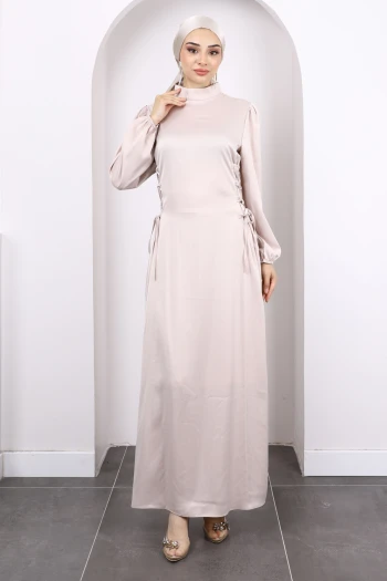 Bej Yan Detaylı Saten Abiye