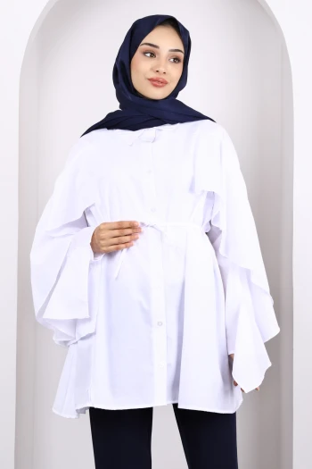 Beyaz Beli İpli Volanlı Tunik