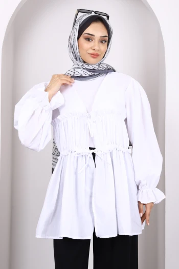 Beyaz Ön Bağlamalı Fırfırlı Kimono