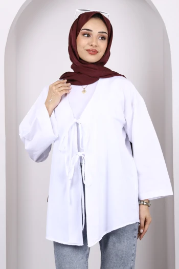Beyaz Ön Bağlamalı Kimono Tunik
