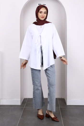 Beyaz Ön Bağlamalı Kimono Tunik
