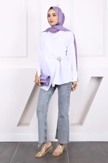 Beyaz Toka Detaylı Kimono