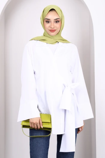 Beyaz Yan Bağlamalı Kimono