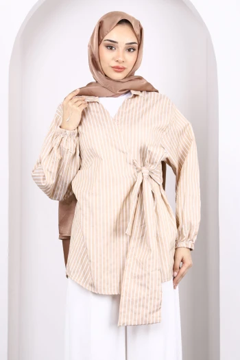 Bisküvi Çizgili Yan Bağlamalı Kimono
