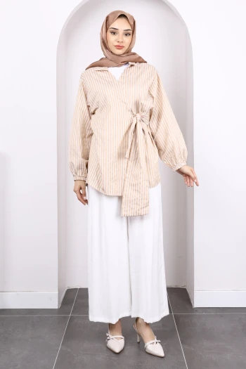 Bisküvi Çizgili Yan Bağlamalı Kimono