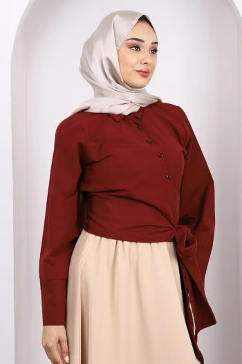 Bordo Bel Bağlamalı Crop Gömlek