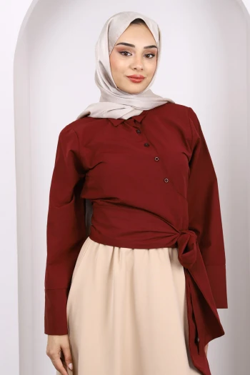 Bordo Bel Bağlamalı Crop Gömlek