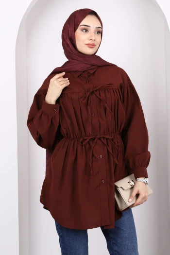 Bordo Bel Lastikli Düğmeli Tunik