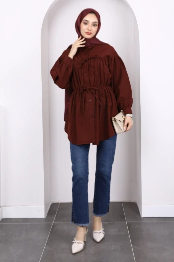 Bordo Bel Lastikli Düğmeli Tunik