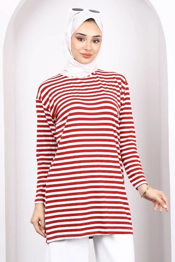 Bordo Çizgili Uzun Kol Tunik