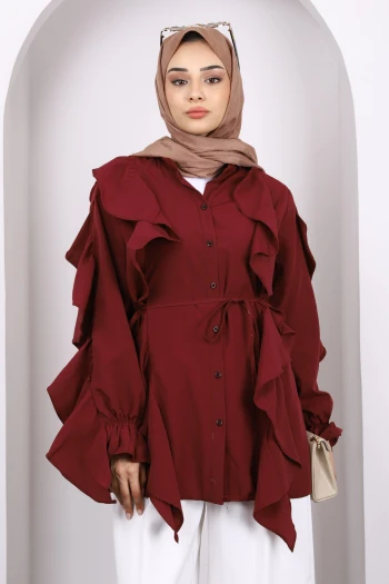 Bordo Kol Fırfırlı Düğmeli Tunik