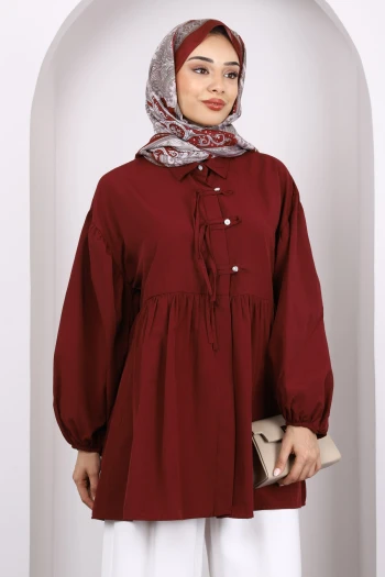 Bordo Kol Lastikli Ön Düğmeli Tunik