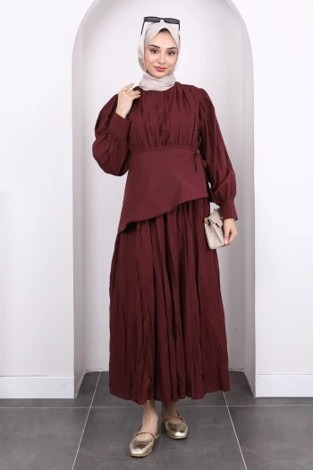 Bordo Kuşak Detaylı Kraş Elbise
