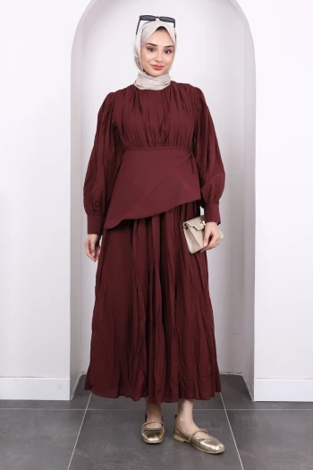 Bordo Kuşak Detaylı Kraş Elbise