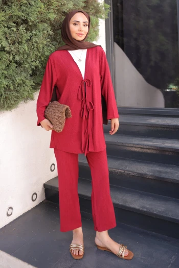 Bordo Ön Bağlamalı Bürümcük Kimono Pantolonlu Takım