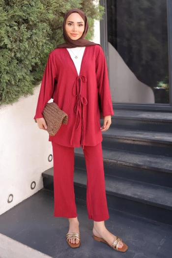 Bordo Ön Bağlamalı Bürümcük Kimono Pantolonlu Takım