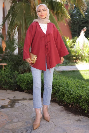 Bordo Ön Bağlamalı Kimono Tunik