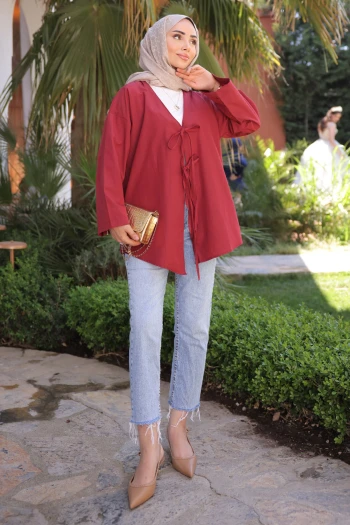 Bordo Ön Bağlamalı Kimono Tunik
