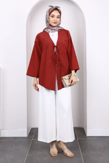 Bordo Ön Bağlamalı Kimono Tunik