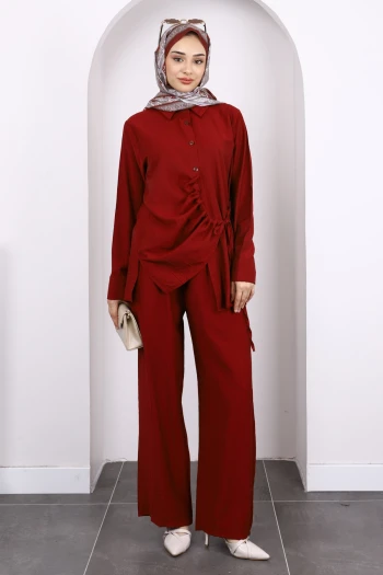 Bordo Ön Bağlamalı Tunik Pantolonlu Takım