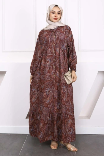 Bordo Yarım Düğmeli Eteği Katlı Desenli Elbise