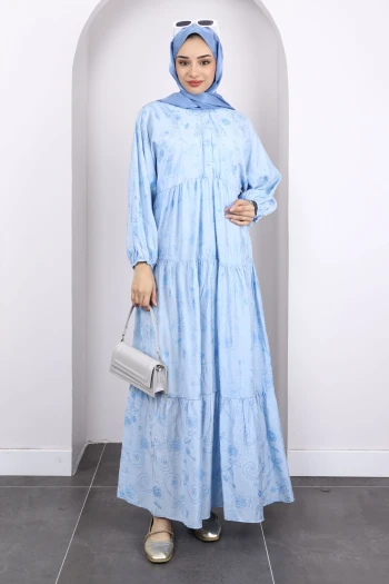 Buz  Mavi Desenli Yarım Düğmeli Kol Lastikli Elbise