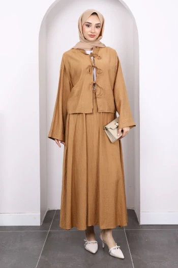 Camel Önü Bağlamalı Kimono Etekli Takım