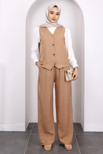 Camel Yelek Pantolonlu Takım