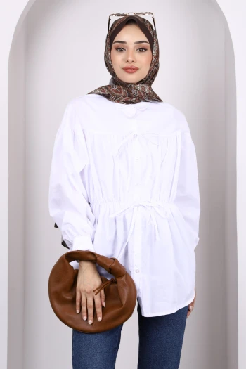 Ekru Bel Lastikli Düğmeli Tunik