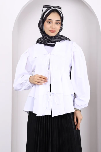 Ekru Ön Bağlamalı Katlı Tunik