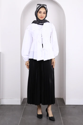 Ekru Ön Bağlamalı Katlı Tunik