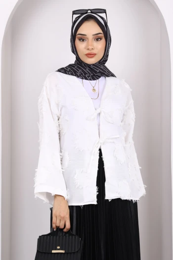 Ekru Ön Bağlamalı Püsküllü Kimono