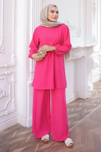 Fuşya Bürümcük Tunik Pantolonlu Takım