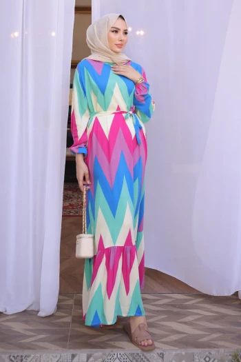 Fuşya Mavi Desenli Eteği Katlı Viscon Elbise