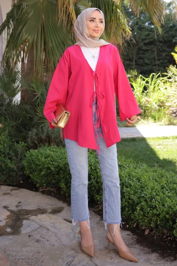 Fuşya Ön Bağlamalı Kimono Tunik