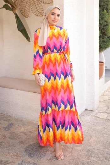 Fuşya Sarı Desenli Eteği Katlı Viscon Elbise