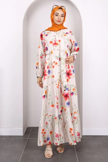 Fuşya Yarım Düğmeli Eteği Katlı Desenli Elbise