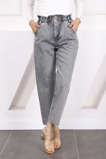Gri Bel Lastikli Mom Jeans Pantolon