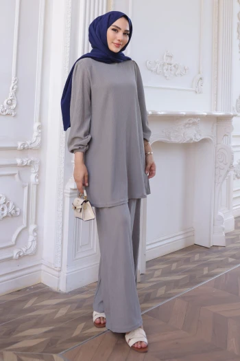 Gri Bürümcük Tunik Pantolonlu Takım