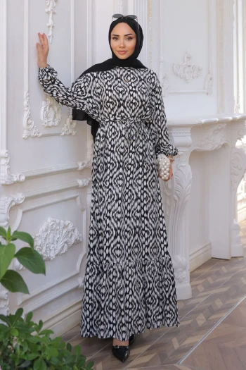 Gri Desenli Eteği Katlı Viscon Elbise